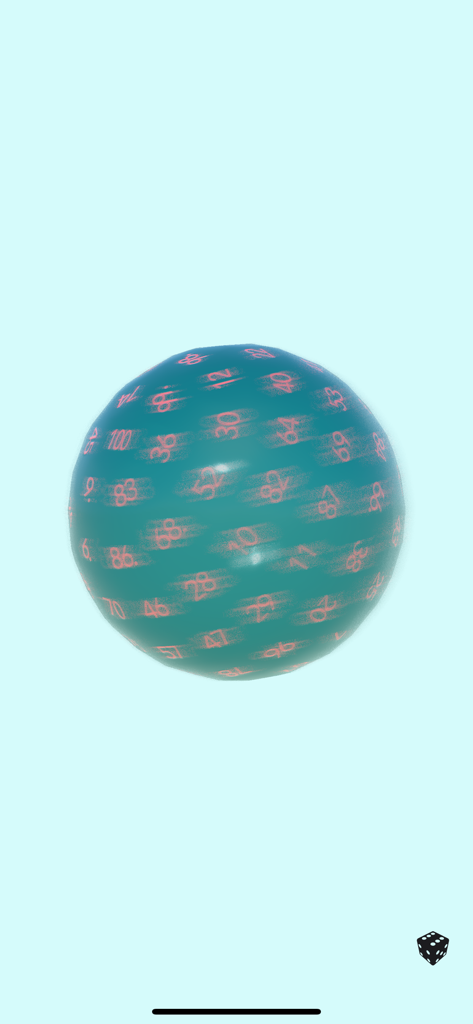 Um dado de cem lados em verde-azulado com números vermelhos rolando em um fundo azul claro.