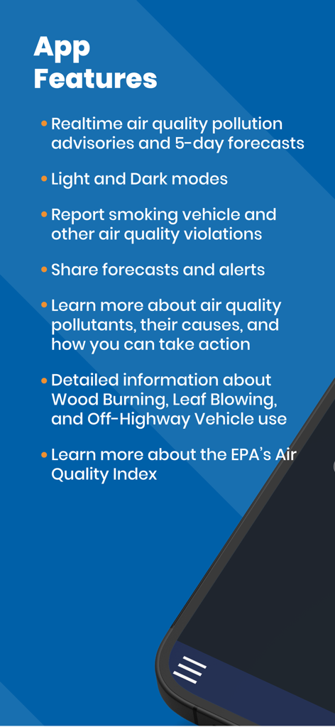 A list of features for the Maricopa County Clean Air app including air quality forecasts and pollution reporting