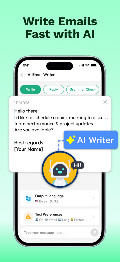 AI Email Writer - All MailBox - A mobile app interface showing AI-powered email writing with custom tone and language options.