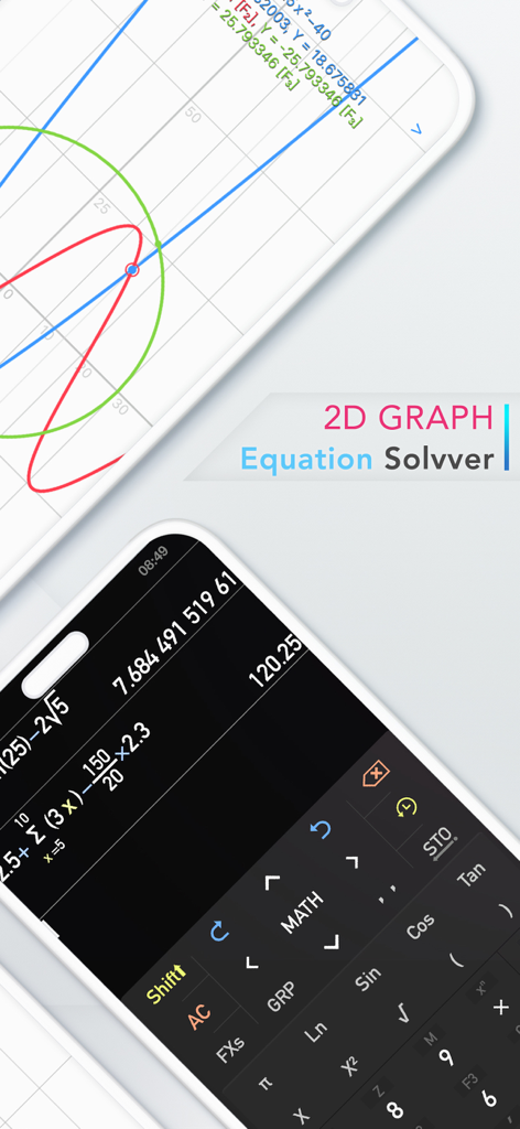 Calculator ∞ - La aplicación Calculadora Infinity muestra funciones de gráficos 2D y resolución de ecuaciones en dos pantallas móviles