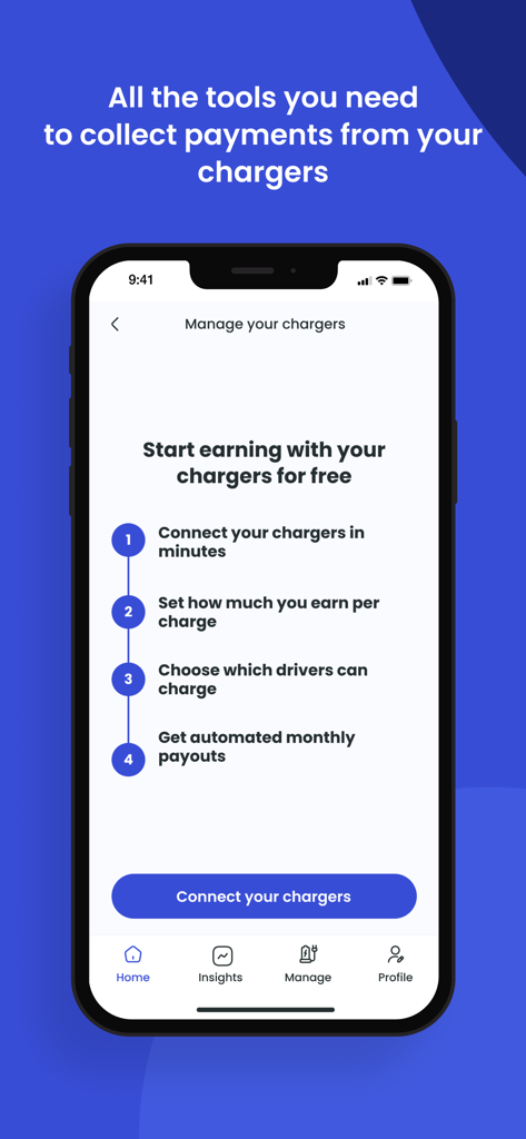 Tap Electric mobile app screen showing steps to manage EV chargers and earn money