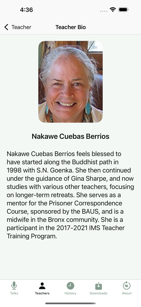 Dharma Seed - Dharma Seed app screen displaying the biography of teacher Nakawe Cuebas Berrios