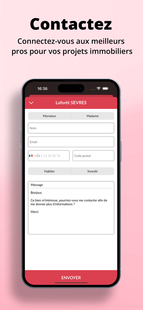 Figaro Immo - A contact form in the Figaro Immo app to message a French real estate agency about a property listing
