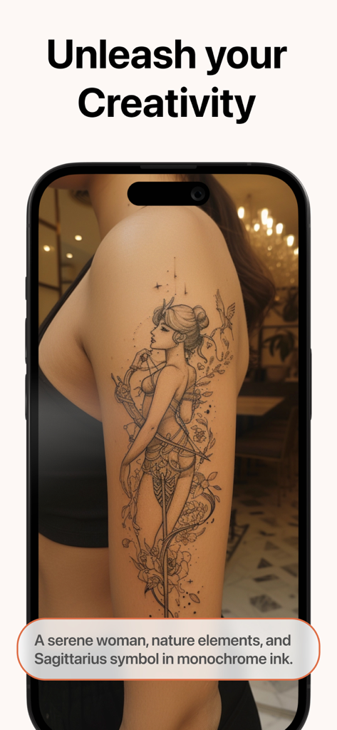 AIが生成したモノクロのタトゥーデザイン（穏やかな女性、自然の要素、射手座のシンボル）が表示されているモバイルアプリの画面