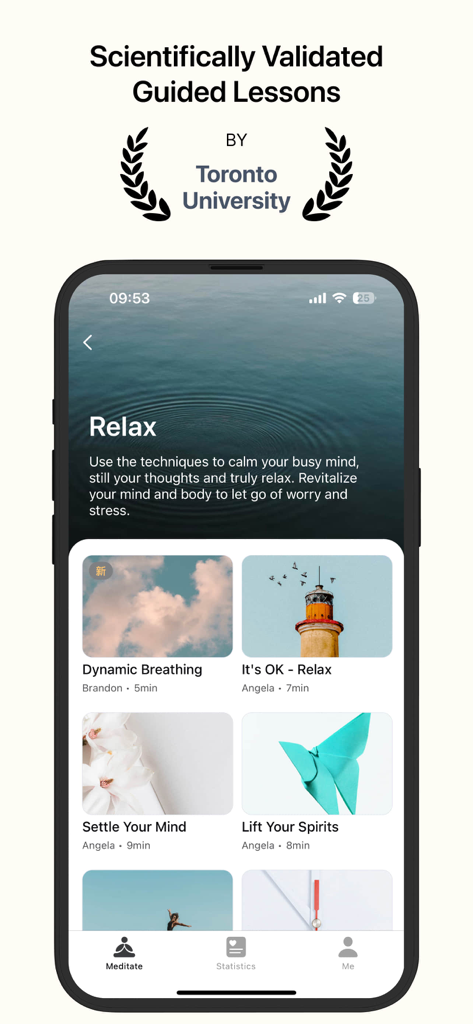 Flowtime: Meditation & Relax - Pantalla de la aplicación Flowtime que muestra lecciones de meditación guiada validadas por la Universidad de Toronto