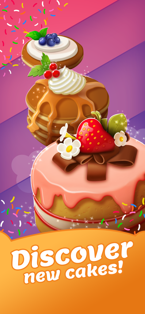 Merge Bakery - Colorful tiered pastries and cakes with a discover new cakes message