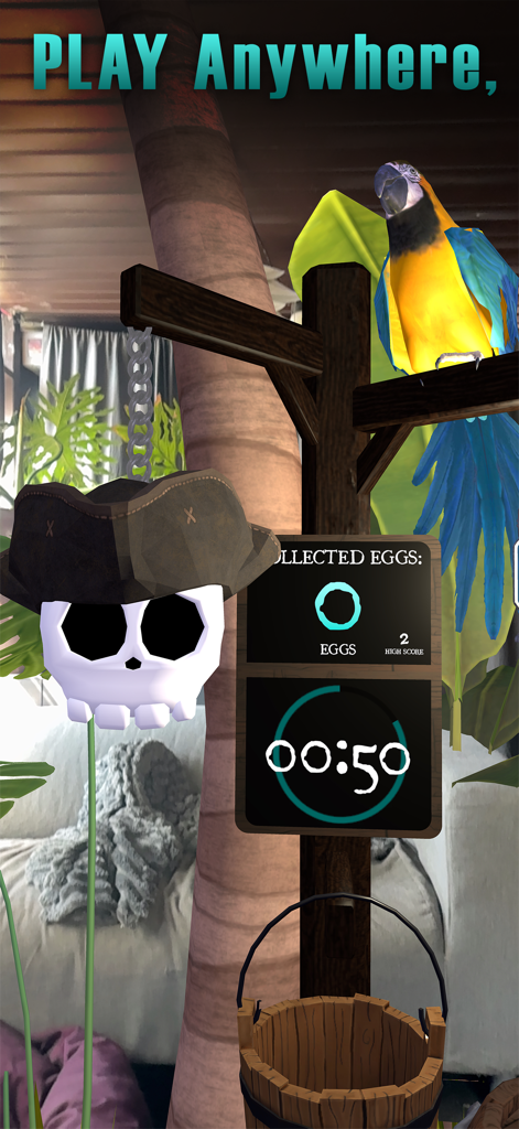 Augmented reality gameplay of Egg Hunt XR Mobile showing a pirate skull and parrot in a home environment with a countdown timer and collection bucket