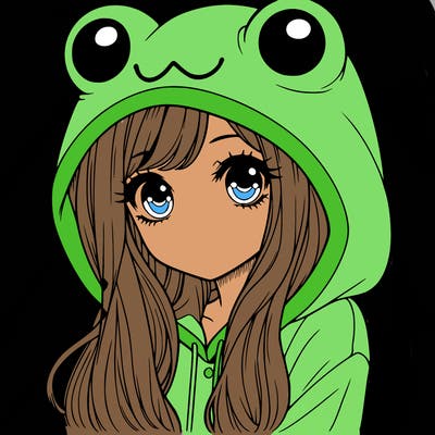 a pretty girl wearing a frog hoodie portrait with long hair