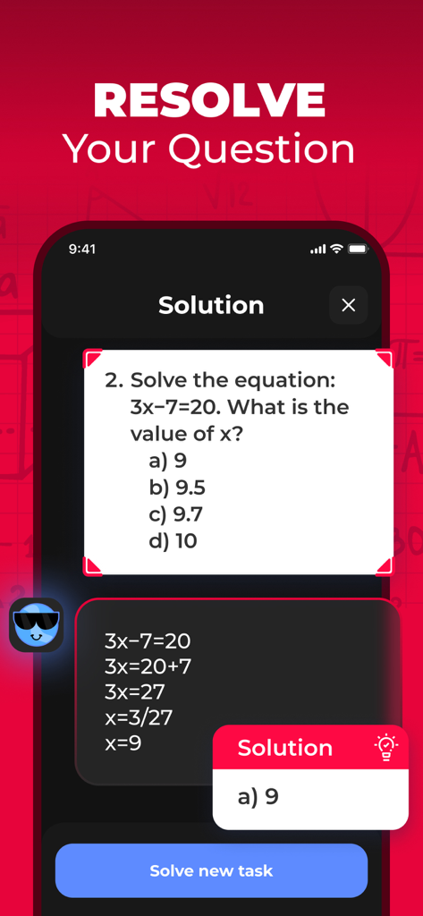 Screenshot of the Photo Math app showing a step by step algebra solution for a multiple choice question