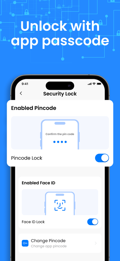 Authenticator app security lock settings showing pincode and face ID options enabled.