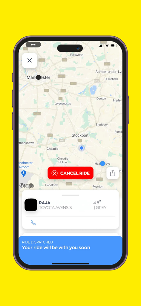Call A Car Taxis - 콜 어 카 택시 앱 인터페이스의 스크린샷. 차량 정보와 배차 완료 메시지가 표시된 지도에서 실시간 기사 추적이 표시됩니다.