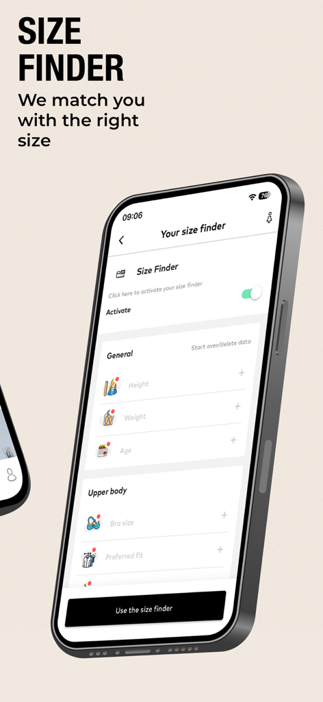 ABOUT YOU Online Fashion Shop - Un écran de smartphone affichant la fonction de recherche de taille « À PROPOS DE VOUS » pour des suggestions d'ajustement personnalisées.