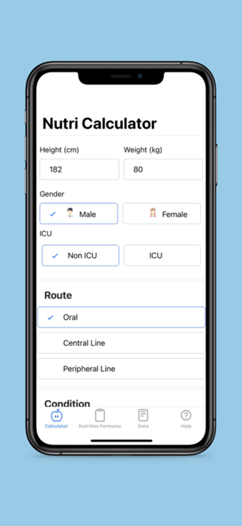 Nutri-Calculator app interface for entering height weight and clinical nutrition data