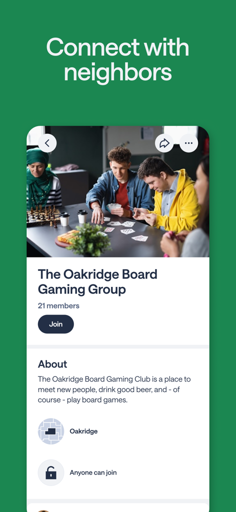 Nextdoor app interface showing a local board gaming group for neighbors to join and connect