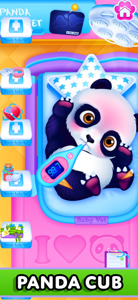 Baby Pet Puppy: Vet Makeover - A panda cub receiving a medical checkup with a thermometer in its mouth