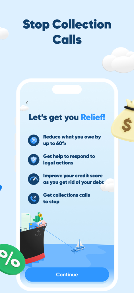 Relief: Get out of debt - Relief app interface highlighting debt reduction benefits and stopping collection calls