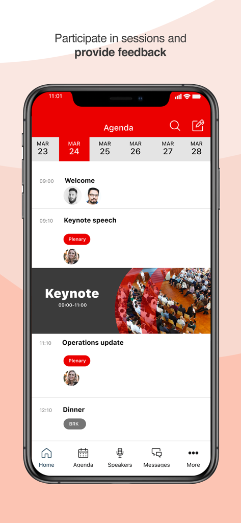Mercuria Group - Tela de agenda de eventos do aplicativo Mercuria Group mostrando um cronograma diário para uma conferência corporativa