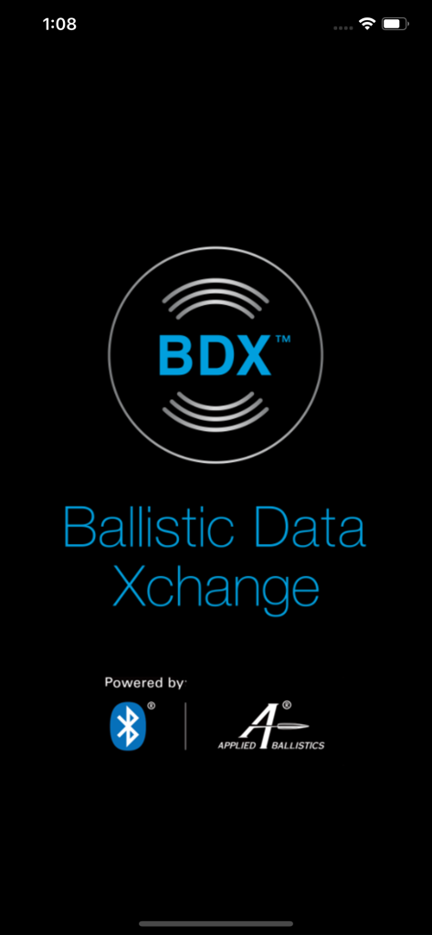 SIG BDX Ballistic Data Xchange splash screen with Bluetooth and Applied Ballistics logos