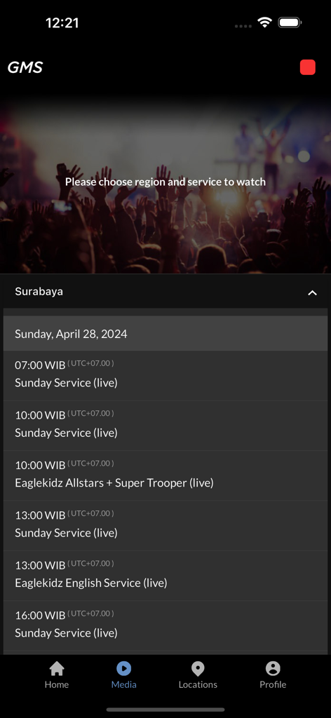 GMS Church - GMS Church app media screen showing a list of live Sunday services and times for Surabaya.