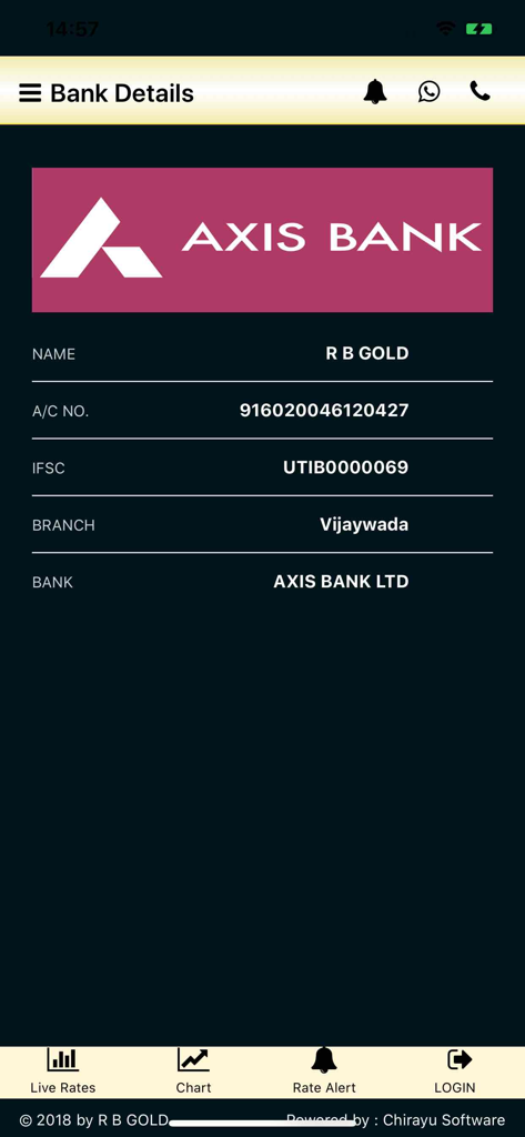 RB Gold Spot - RB Gold Spot app screen displaying Axis Bank account details for fund transfers