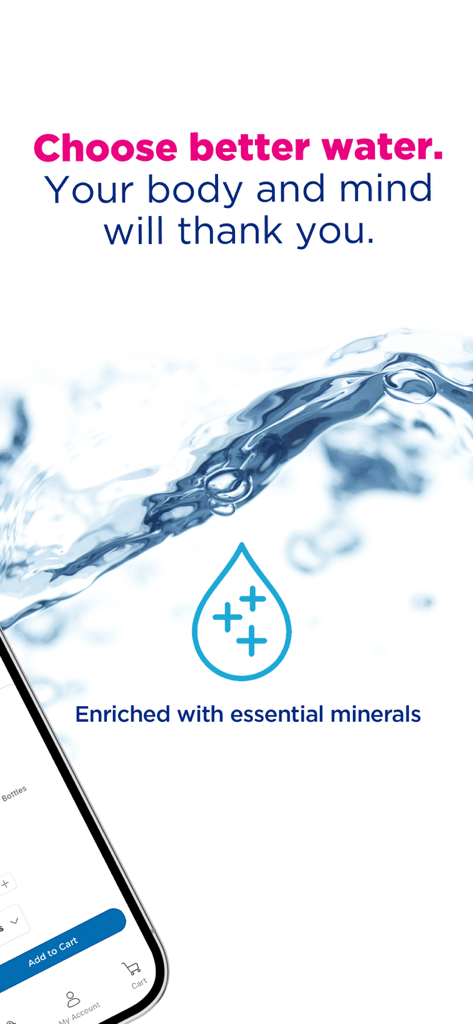 Nestle Waters app screen featuring mineral enriched water splash and hydration benefits for body and mind