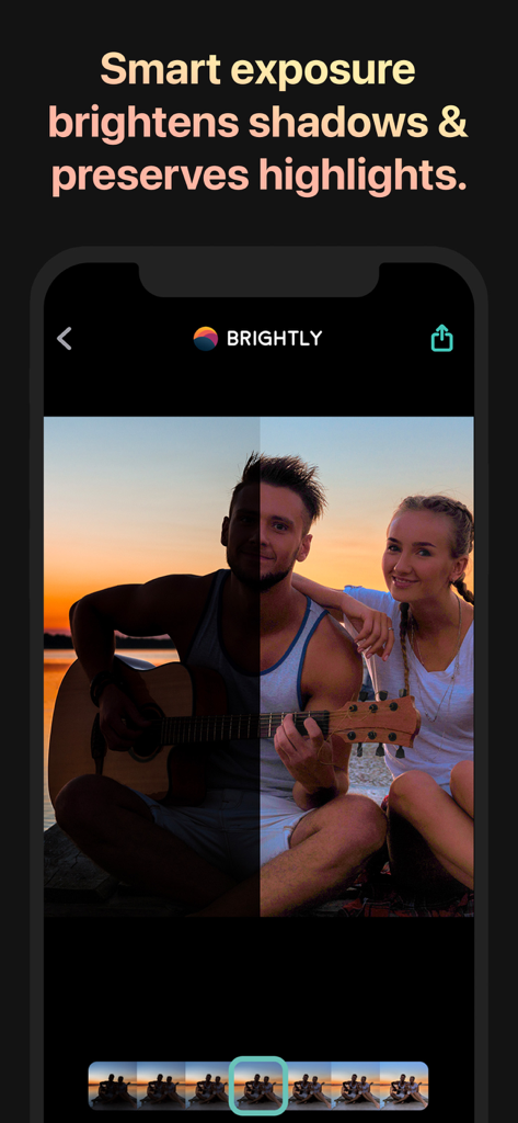 Split view showing a dark sunset photo before and after using Brightly app to brighten shadows while preserving highlights