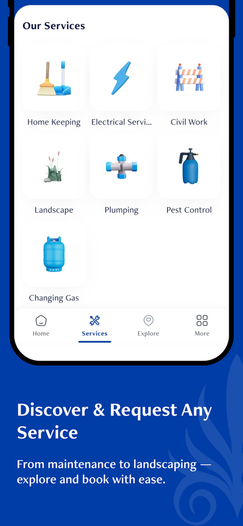 Mountain View Community - Un'interfaccia di app mobile per Mountain View Community che mostra un elenco di servizi domestici come manutenzione e giardinaggio.
