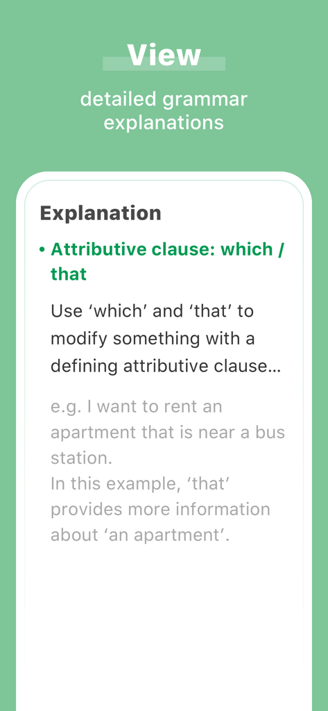 Ein Screenshot einer mobilen App, der eine detaillierte englische Grammatikerklärung von attributiven Klauseln mit einem klaren Beispielsatz zeigt.