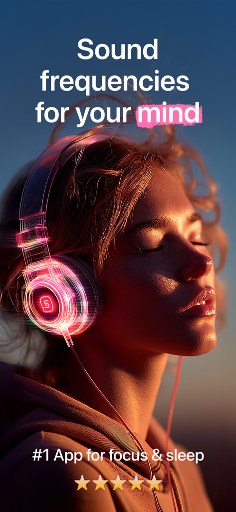 A woman with eyes closed wearing glowing pink headphones with text saying sound frequencies for your mind