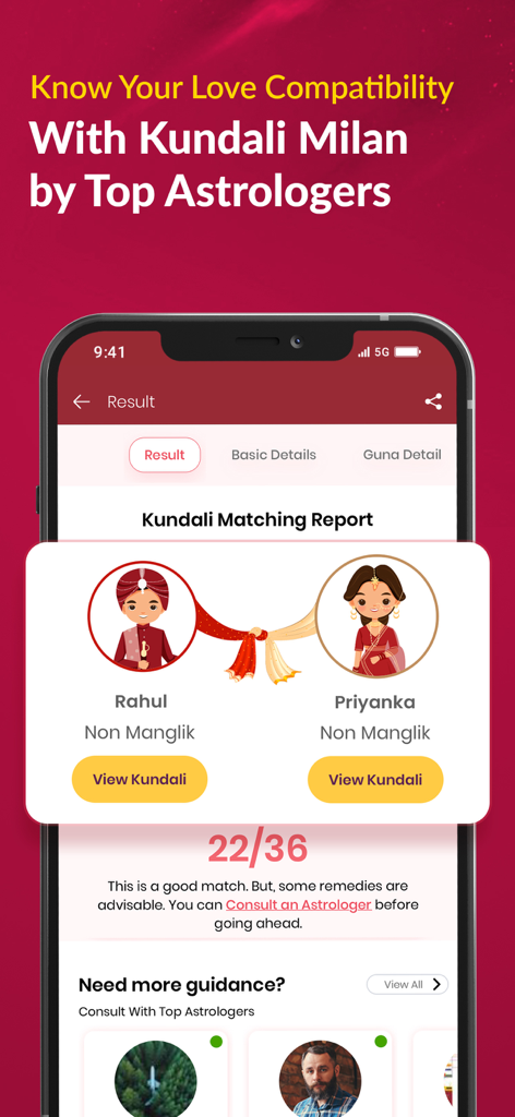 Anytime Astro app interface showing a Kundali matching report for love compatibility between two individuals with a compatibility score of 22 out of 36.