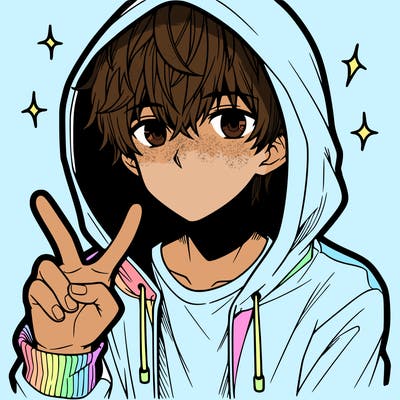 teenage manga boy in a hoodie, doing ✌