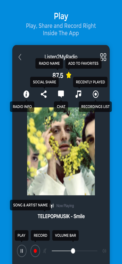 Listen2MyRadio - Listen2MyRadio app player interface showing a live radio station with chat social sharing and recording features