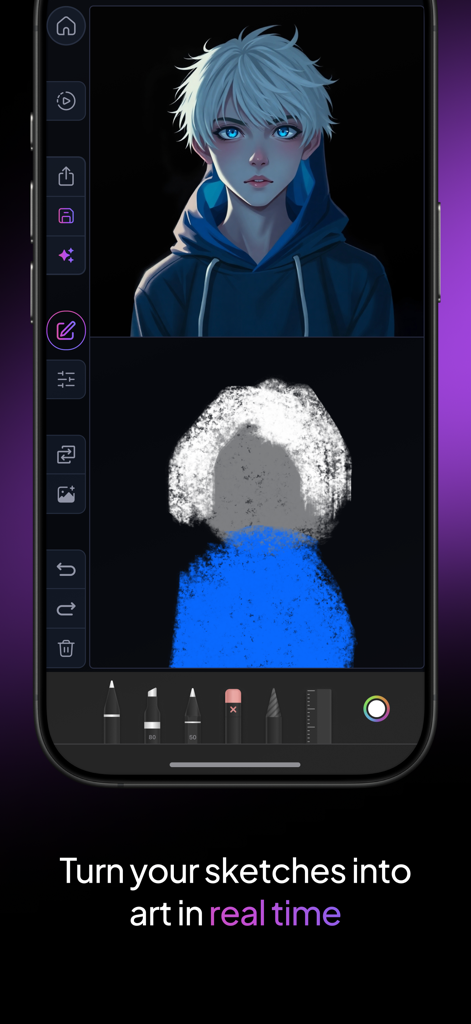 Une interface mobile de Leonardo.Ai montrant un croquis grossier transformé en un portrait d'anime de haute qualité en temps réel.