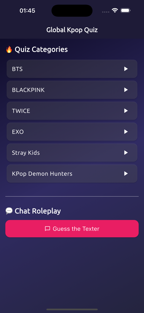 Kpop Idol PopQuiz - Menú principal de Kpop Idol PopQuiz que presenta categorías de quiz para grupos como BTS y Blackpink, además de un modo de rol de chat.