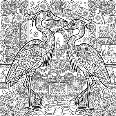 Discover a stunning fusion of nature and tradition with our Herons Day of the Dead coloring page. These elegant birds are beautifully adorned with intricate sugar skull designs amidst a vibrant festive altar, ready for your artistic touch.
