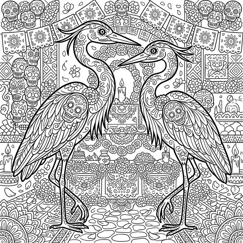 Discover a stunning fusion of nature and tradition with our Herons Day of the Dead coloring page. These elegant birds are beautifully adorned with intricate sugar skull designs amidst a vibrant festive altar, ready for your artistic touch.