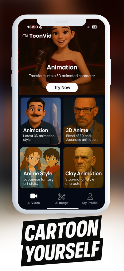 AI Cartoon Video Converter - ToonVid app interface displaying various AI cartoon animation styles for video conversion