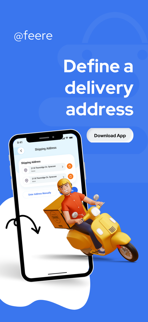 Screenshot of Feere shopping app showing the delivery address selection interface with a 3D courier illustration on a yellow scooter.