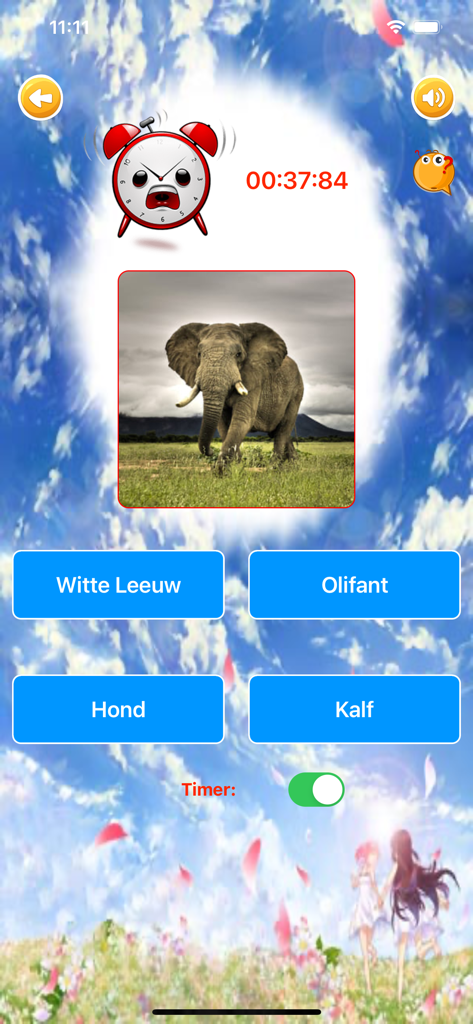 Pantalla de cuestionario de la aplicación de aprendizaje de holandés con una imagen de un elefante y opciones de respuesta múltiple