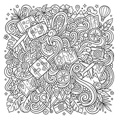 Embark on a creative journey with this captivating abstract art coloring page, bursting with intricate travel and vacation-themed doodles. Discover suitcases, maps, airplanes, and exotic foliage woven into a complex, satisfying design ready for your personal touch.