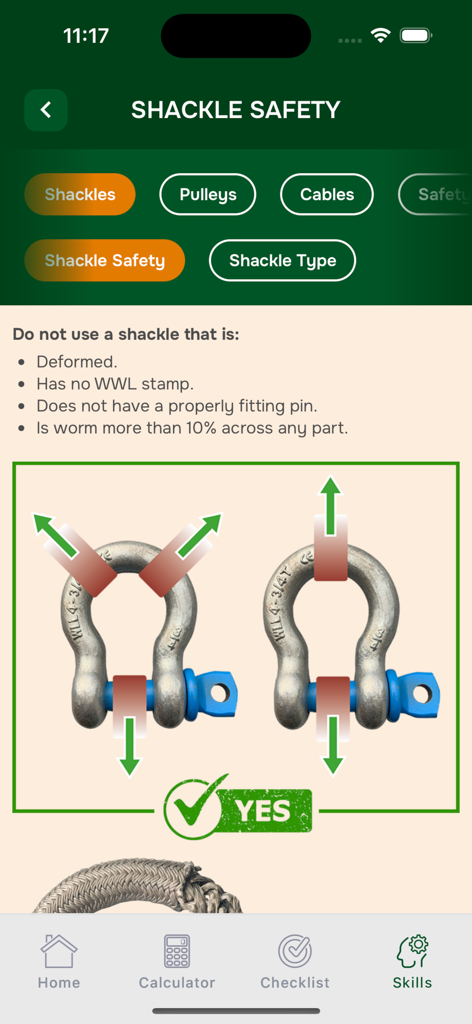 WINCH - Guía de seguridad de grilletes con diagramas en la sección de habilidades de la aplicación WINCH