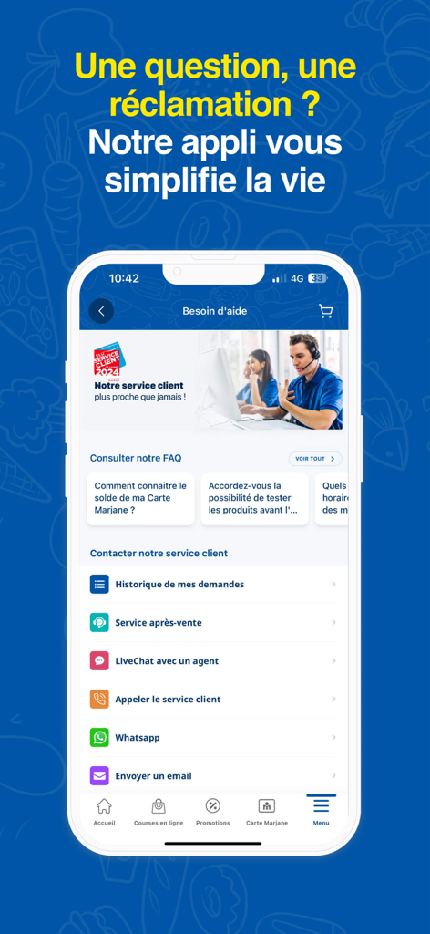 Marjane - Marjane app help screen showing customer service contact options including LiveChat WhatsApp and email