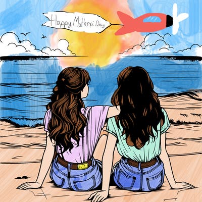 realistic  girls sitting on the beach together on a beach sunset