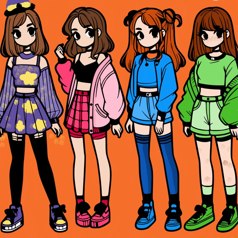 one girl with crop-top shirt and a jacket with a skirt, long socks and another girl with a shirt and pants with a jacket