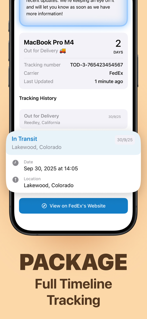 A mobile app screenshot showing a full delivery timeline and shipment status for a FedEx package tracking a MacBook Pro.