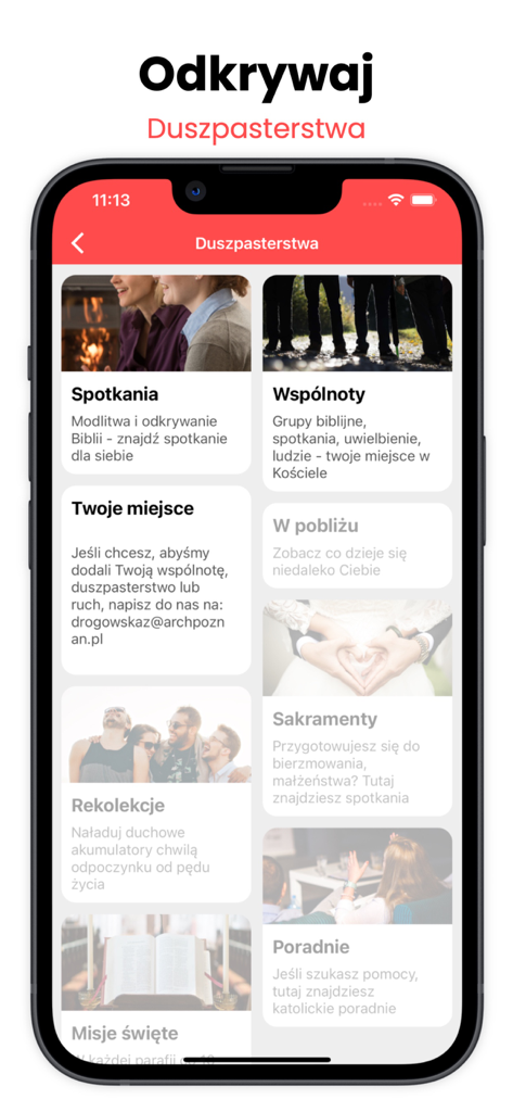Drogowskaz - Drogowskaz app interface showing pastoral ministries and community meetings