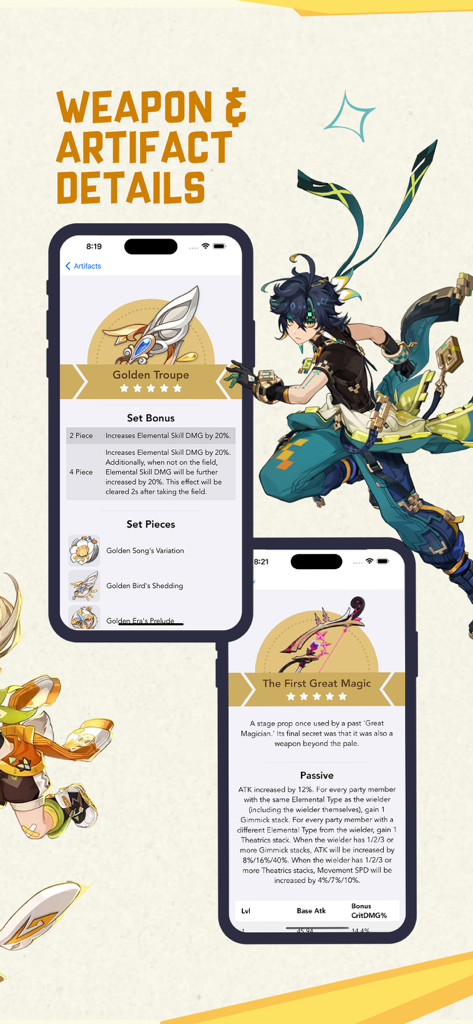 GI Pocket Helper - Screenshots of the GI Pocket Helper app showing weapon and artifact details for the game Genshin Impact.