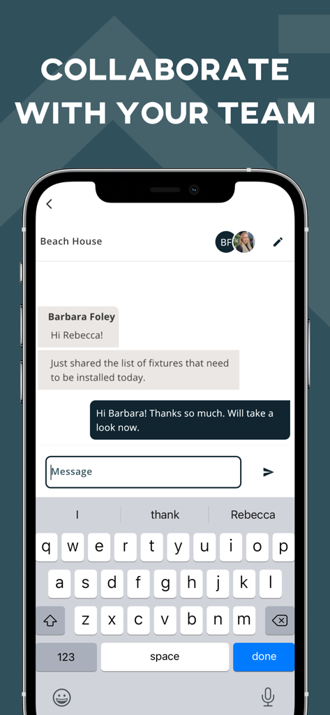 Mydoma Studio - Mydoma Studio app showing team chat collaboration for an interior design project