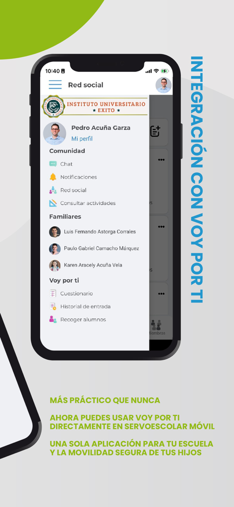 Menu principal do aplicativo Servoescolar Movil mostrando recursos sociais da escola e integração de busca de alunos