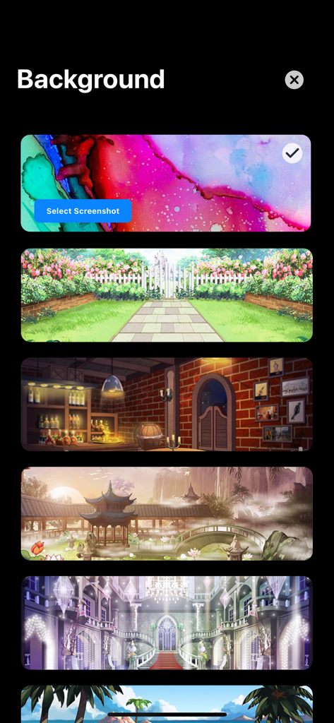 Background selection menu featuring various anime and scenic settings for digital avatars